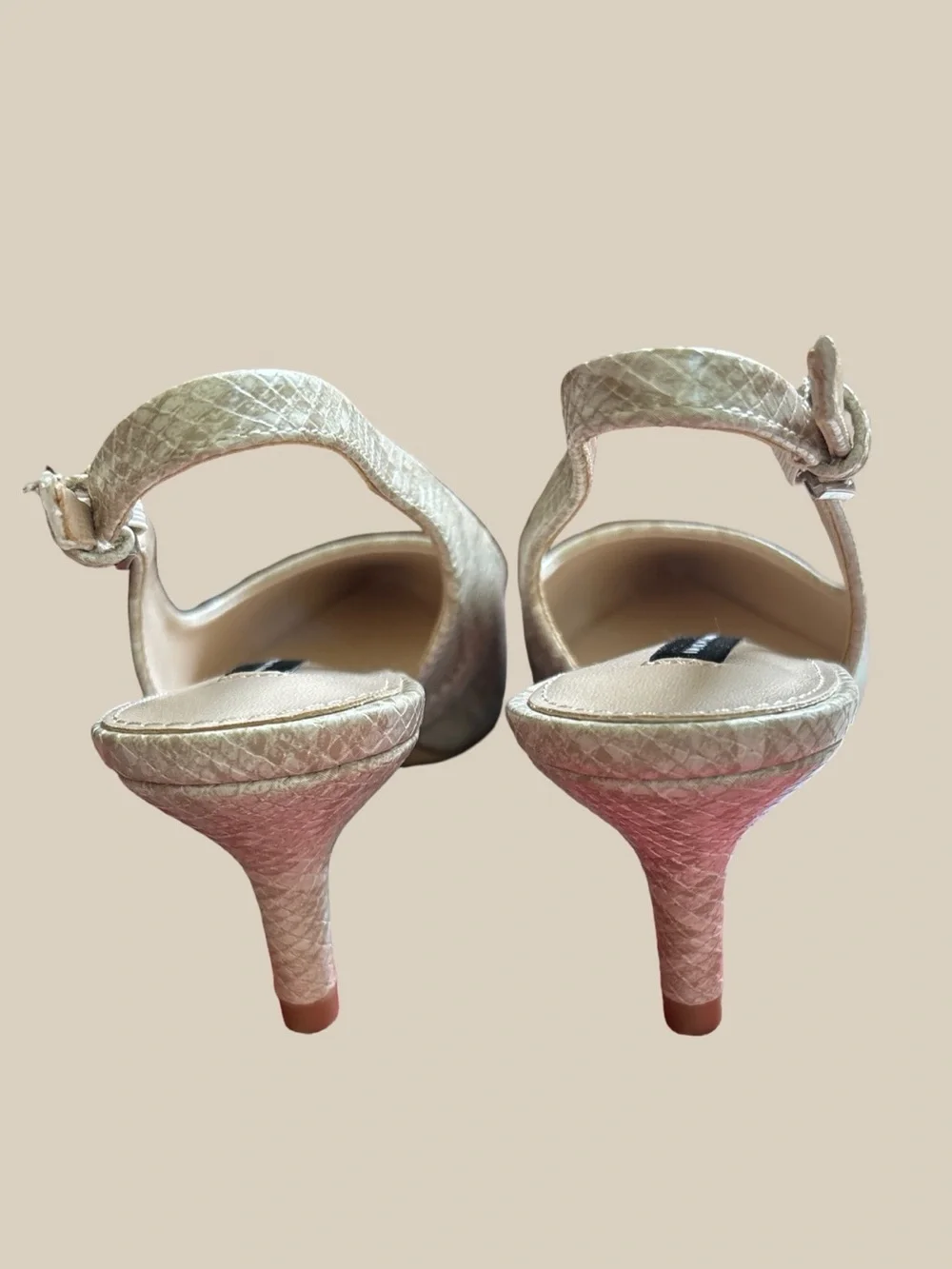 French Connection Quinn Sling Back Kitten Heels Cream Snakeskin Pointed Toe NWOB